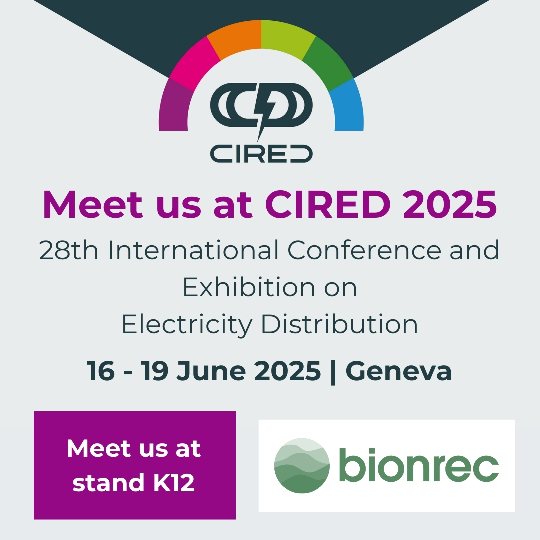 CIRED 2025 banner — 28th International Conference and Exhibition on Electricity Distribution, 16–19 June 2025, Geneva; bionrec at stand K12